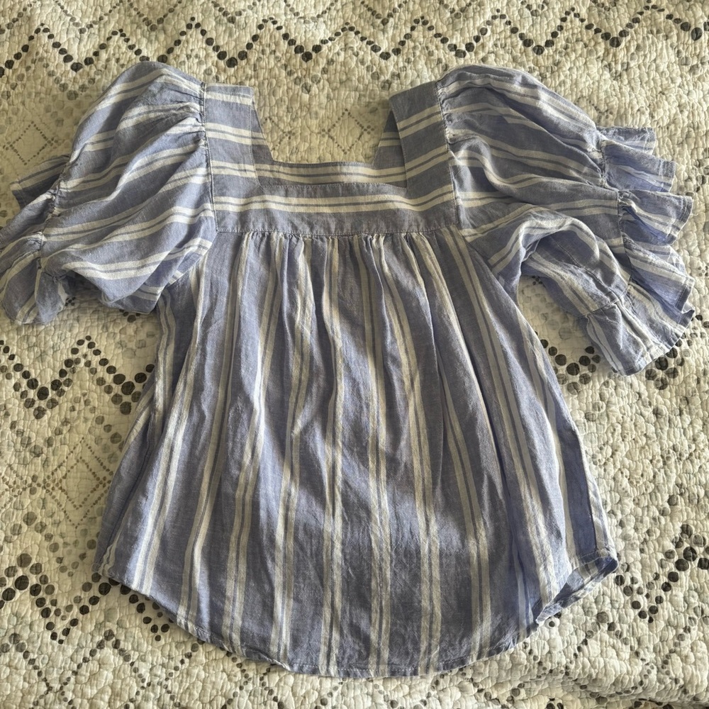 Beachlunchlounge Blue/White Square Neck Flutter Sleeve Blouse, Cotton/Linen XS